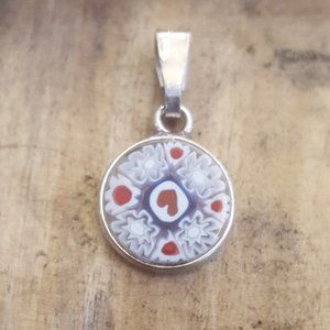 925 Sterling Silver Bezel Glass Floral Mosaic Italy Pendant